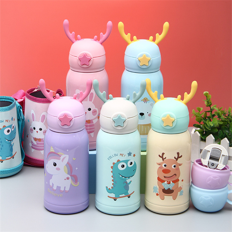 فلاسک استیل دو درب طرح گوزن ۵۰۰ میل – سرد و گرم با کاور بنددار – طرح گوزن، یونیکورن، دایناسور و خرگوش